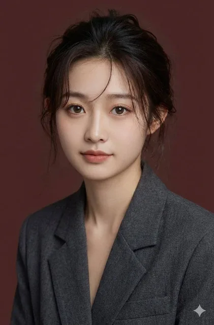 A high-resolution professional profile photo of a person in a charcoal gray blazer, framed from the chest up with direct eye contact, shot in a studio with soft lighting and a solid neutral background, using an 85mm lens for shallow depth of field and crisp details.