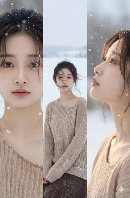 A horizontal three-panel composition in realistic photography style, featuring a woman with consistent face, hairstyle, and clothing across all panels in a snowy winter setting with natural lighting.