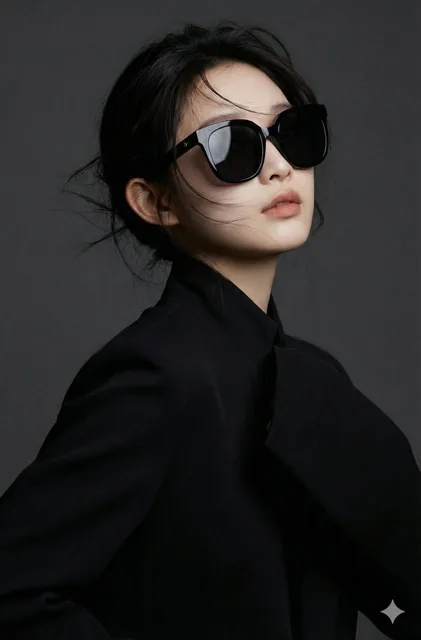 An Asian girl with flawless porcelain skin wearing sleek luxury sunglasses, wind-brushed hair, minimal black outfit, striking an editorial pose with dramatic soft-shadow lighting in a high-gloss, luxurious fashion magazine cover style.