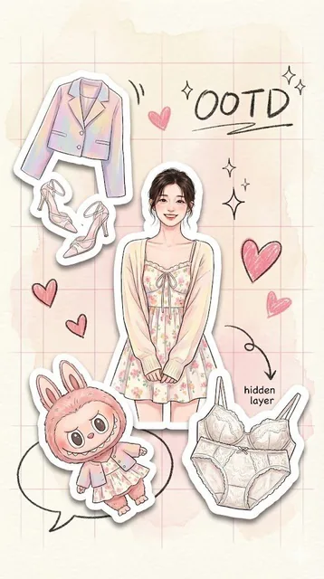 A 9:16 vertical high-fashion illustration mood board simulating a tablet scan effect, with a hand-painted cream watercolor paper background featuring subtle pink grids, vinyl stickers with white die-cut borders and soft shadows, central sticker of a user in sweet date attire, deconstructed outfit el