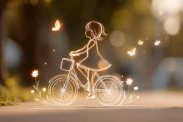 A minimalist children's drawing featuring a subject with thick white lines and glowing contours, set against a softly blurred background with floating elements adding a whimsical touch, in a full-body view with a warm and simple aesthetic.