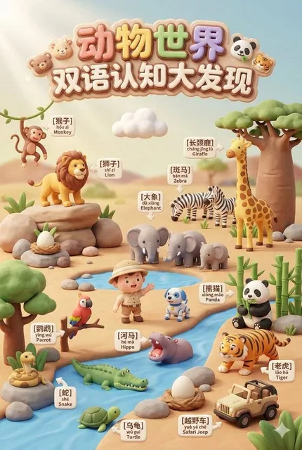 Wide panoramic claymation banner for children's cognitive development, showcasing a vibrant 'Animal World' diorama with cute cartoon guides and bilingual labels with 3D arrows.