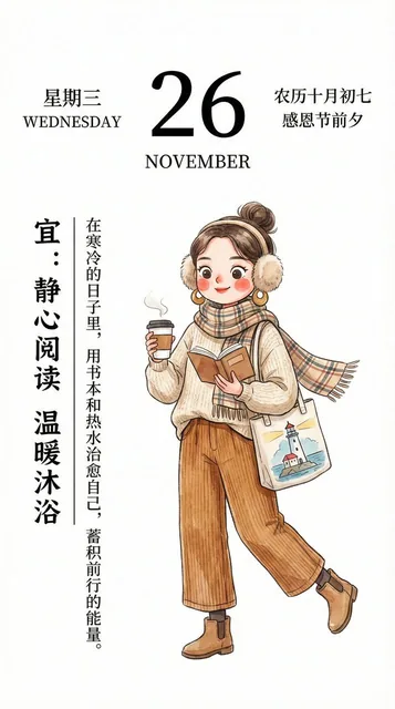 A cute and stylish vertical calendar illustration featuring a young fashionable girl with big eyes and rosy cheeks, wearing bright clothing and accessories, set against a minimalist white background with clear date and motivational text.
