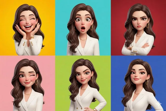 A 3x2 collage featuring six stylized 3D caricature portraits of a young woman in various expressive poses including joyful, surprised, serious, cute, sassy, and confident, with smooth polished textures, soft ambient lighting, clean character design, and bold vibrant backgrounds for each panel.