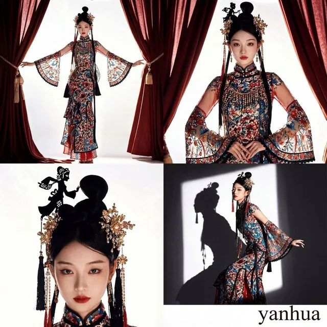 A 2x2 grid collage of Chinese shadow puppet theater fashion editorial photography, featuring full-body, medium, close-up, and dynamic shots with elaborate costumes, headdresses, and theatrical lighting in a traditional color palette.