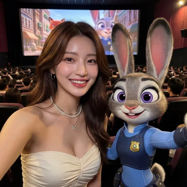 A hyperrealistic selfie photo in a dark crowded cinema, featuring a real person and Judy Hopps from Zootopia posing together, with a large screen showing scenes from the movie, cinematic lighting, warm ambient glow, and shallow depth of field.