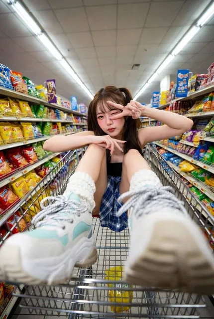 A high-energy fisheye portrait of a stylish young woman sitting inside a metal shopping cart in a vibrant supermarket aisle, winking playfully and framing her eye with her fingers, with exaggerated foreshortening of her chunky sneakers and hands.