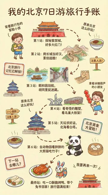 A vibrant, child-like crayon-style vertical illustration titled 'Chicago Travel Journal' with a soft, warm light-toned background, featuring a winding travel route map connecting attractions, cute doodles, landmarks, and playful elements in bright colors.