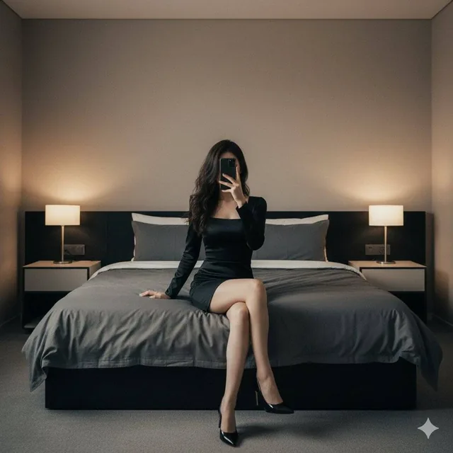 A woman with long wavy dark hair sits elegantly on the edge of a modern bed, holding a smartphone that obscures her face, wearing a fitted black mini dress and high heels in a softly lit, minimalist bedroom with gray bedding and neutral decor.