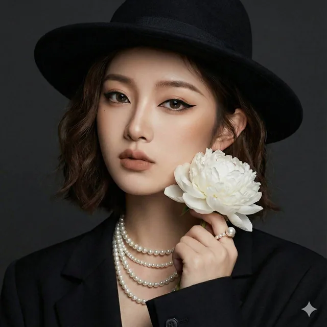 A dramatic close-up studio portrait of a woman with high-glamour makeup, short wavy brown hair, a black fedora, black blazer, layered pearl necklaces, a pearl ring, and a large white peony flower, set against a dark charcoal gray background with professional lighting for high contrast and a luxuriou