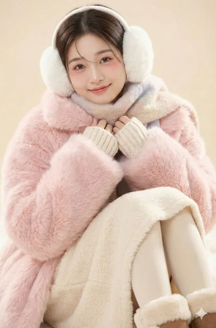 An ultra fluffy kawaii winter portrait of an 18-year-old Japanese girl with big sparkly eyes and soft baby cheeks, wearing an oversized faux fur coat and chunky knit sweater, seated in a cozy pose with soft winter lighting and pastel background.