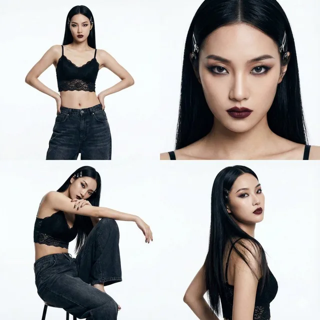 A hyper-realistic four-grid portrait of a slender East Asian woman with intense goth-inspired makeup, raven-black hair, and clean high-key studio lighting highlighting textures like skin, lace, and denim in a fashion editorial style.