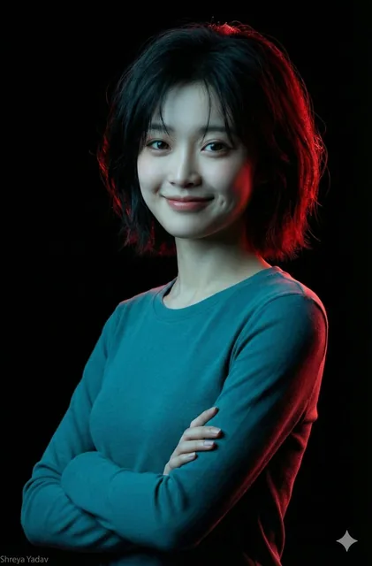 A hyper-realistic portrait of a young woman with short messy black hair, smiling confidently in a teal long-sleeve shirt, with dramatic red rim lighting from the right and cool blue fill light from the left against a pure black studio background.
