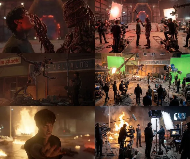 A behind-the-scenes view of a movie set showing characters in position, with technical equipment, lighting setups, and ambient motion of the crew, in a denoised and crisp image.