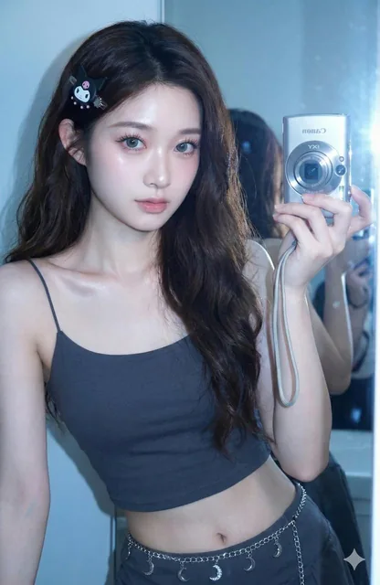 A teenage girl with long wavy dark brown hair and a Sanrio Kuromi hair clip, wearing a dark grey spaghetti strap crop top and a silver chain waist belt with moon charms, captured with a Canon IXY/IXUS camera flash creating a Y2K digital aesthetic with radiant skin and blue-grey contact lenses.