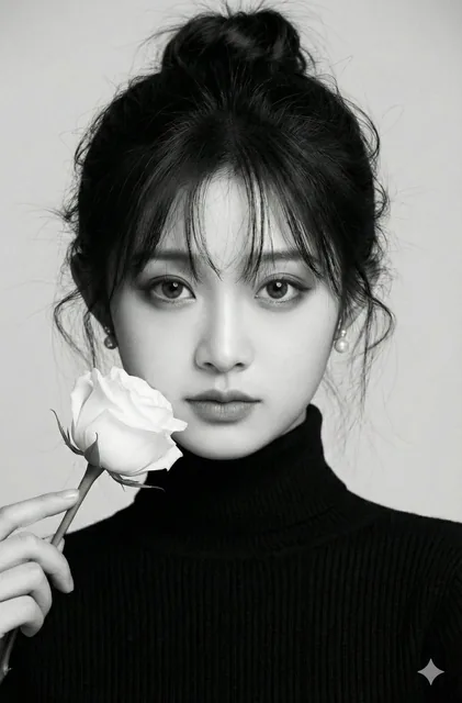 A high-contrast black and white editorial portrait of a young woman wearing a ribbed black turtleneck, with a messy wind-blown updo, smoky eye makeup, pearl earrings, and holding a white rose against a minimalist white background.