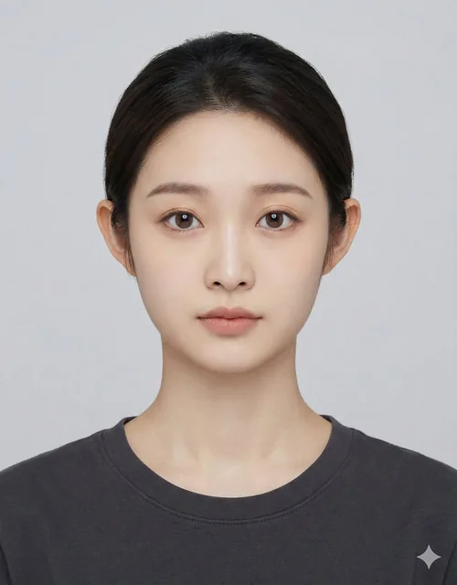 A high-resolution biometric ID photograph of a person with exact facial structure preservation, neutral expression, plain dark top, and solid light neutral background, shot with a 50mm or 85mm lens for sharp focus and minimal color grading.