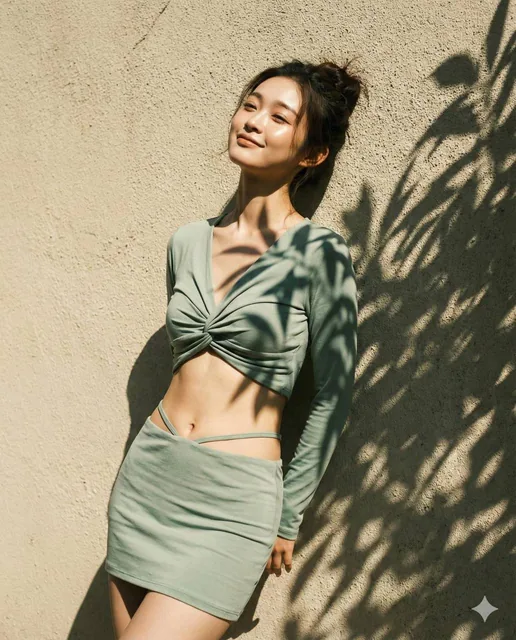 A hyper-realistic 8K street portrait of a girl leaning against a textured beige stucco wall under bright sunlight, wearing a sage-mint outfit with sunkissed makeup, messy bun hairstyle, and sharp botanical shadows in the background, captured with Fujifilm X-T4 camera and Kodak Gold 200 film emulatio