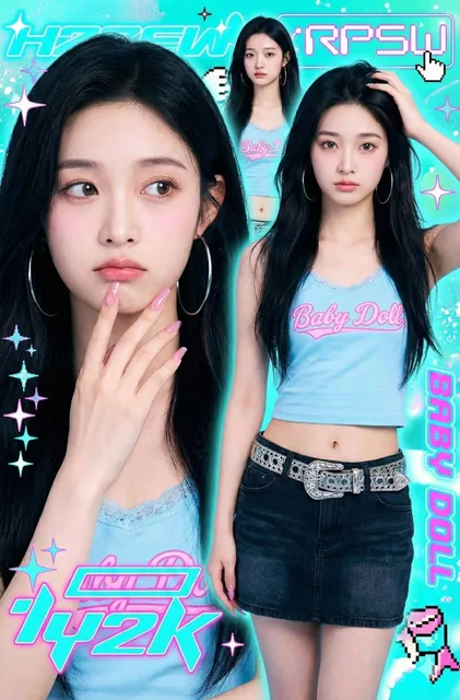 A Y2K-inspired digital collage poster featuring three instances of the same woman with vibrant photo manipulation, graphic overlays, and a color palette of bright turquoise, cyan, and neon pink.