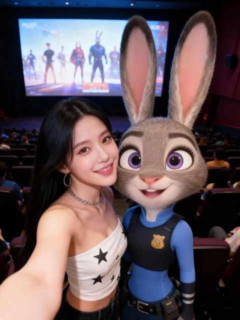 A photorealistic image of a beautiful young Korean woman named Miyeon with long black hair, wearing a white strapless top with black stars and a silver necklace, smiling as she takes a selfie with Judy Hopps from Disney's Zootopia in police uniform, both standing side-by-side in a slightly dark, cro