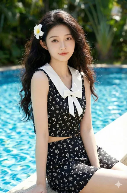 A photorealistic portrait of a young woman sitting by a swimming pool on a sunny day, with long dark wavy hair and a white flower hair clip, wearing a vintage black and white floral two-piece outfit, looking directly at the camera with soft lighting and a shimmering blue pool background.