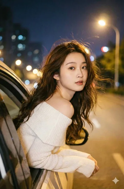 A person leaning out of a car window on a windy vintage night, wearing an off-shoulder white knitted top with long brown wavy hair, in a dark dreamy blurry style with accurate facial details and head positioning.