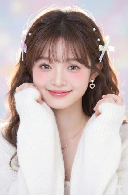 A photorealistic close-up portrait of an 18-year-old Japanese girl with large sparkling eyes, rosy cheeks, and a fluffy white angora sweater, set against a dreamy pastel background with beautiful bokeh lighting effects.