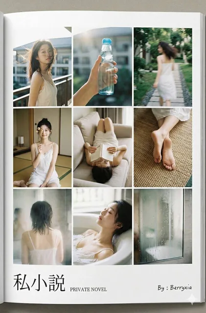 A 9-grid layout from a high-end Japanese photobook featuring the same character in various day-to-night scenes, with wide white margins at the bottom displaying Japanese and English typography, printed on textured matte art paper.