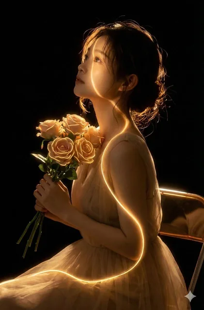A medium shot profile portrait of a woman in a glowing translucent dress, holding a rose bouquet with neon outlines, set against a dark background with warm golden lighting creating a surreal and dreamy atmosphere.