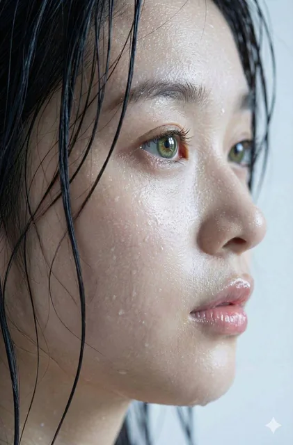 Extreme close-up side profile portrait of a young woman with dark wet hair naturally glued to her skin, featuring realistic water droplets and sweat glistening on her face, bright natural green/hazel eyes with accurate reflections, moist shiny lips, soft lighting, cool tones, and a light grey/white