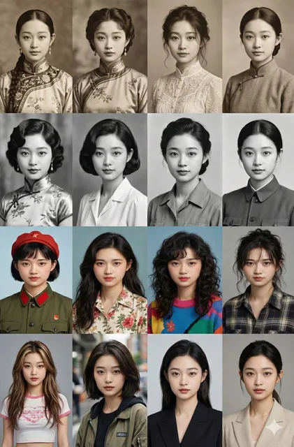 A 4x4 grid portrait of a single female model showcasing 16 historical eras from the 1880s to 2020s, with consistent facial features, evolving fashion styles, and photographic techniques in high 4K quality.