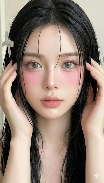 A close-up portrait of a young woman with wet black hair clinging to her skin, featuring symmetrical oval face, pale smooth skin with pink blush, striking gray-green eyes, and hands gently touching her hair in soft natural lighting against a minimalistic cream background.