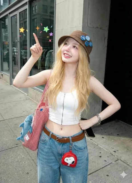 A cheerful young woman in street-style fashion winks and makes a peace sign on a sidewalk, holding a smartphone with a selfie and pink flower sticker, wearing a brown hat, white crop top, and blue jeans, with digital stickers and accessories in bright daylight.