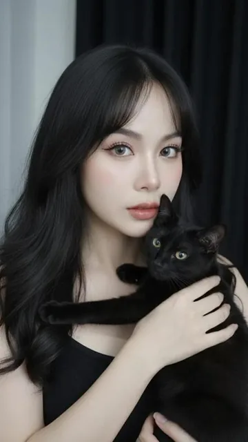 A sweet, cute, and energetic girl with black long curly hair and fair skin, wearing a black camisole, holding a black cat in a dim indoor environment. Close-up facial shot with direct gaze, soft-focus filter, and high-definition makeup details.