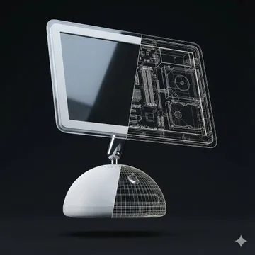 A high-quality 3D render of an Orange iPhone 17 Pro floating in mid-air with a soft dark background. The left half shows realistic materials and colors, while the right half displays a precise wireframe interior with white and orange lines, separated by a sharp vertical cut.