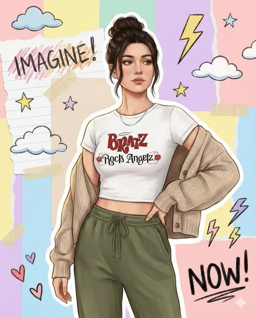 A vibrant semi-realistic illustration of a female character with a face identical to the reference photo, standing in a relaxed pose with a messy bun, wearing a white Bratz Rock Angelz crop top, beige cardigan, and olive joggers, set against a scrapbook collage background with torn paper edges, tape