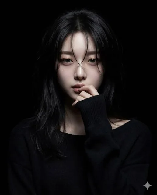 A hyperrealistic anime-style portrait of a female character standing against a black background, illuminated by a narrow beam spotlight focused on her face, with sharp edges and dramatic shadows, creating a mysterious and moody atmosphere.
