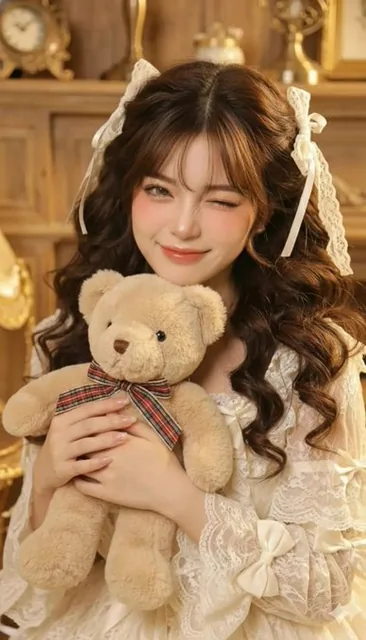 A woman with a doll-like face and smooth pale skin gently hugs a light brown teddy bear, wearing vintage lace clothing in cream and white, with warm golden lighting and a nostalgic background.