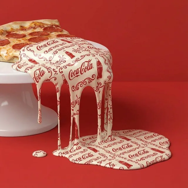 A surreal studio photograph of a pizza slice with melted cheese transformed into a flowing porcelain-like substance, covered in blue and white Delftware-style brand logos and motifs, dripping and pooling on a solid-colored background with soft lighting.