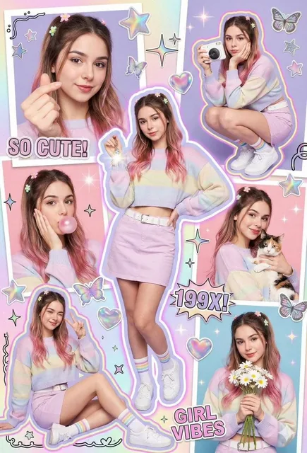 A vibrant Y2K scrapbook poster featuring a collage of a young woman in pastel Y2K outfits with multiple poses, including close-ups and full-body shots, set against holographic textures, pastel gradients, glitter accents, and playful doodles in a chaotic yet balanced layout.