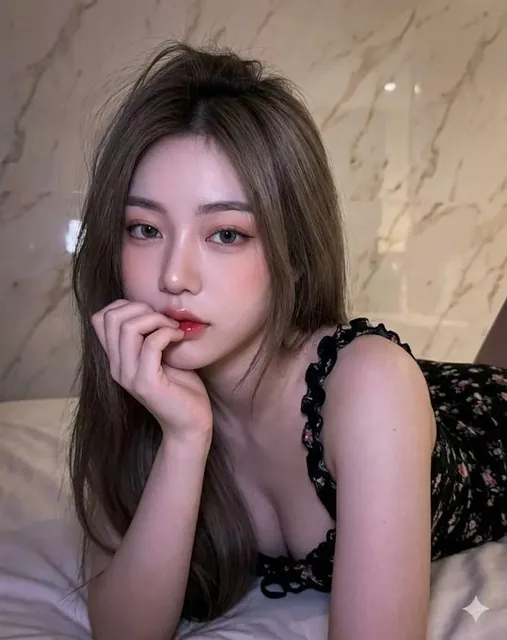 A young girl taking a selfie in a room, lying face down on a blanket with long ash brown hair, wearing a black floral dress, flawless Korean-inspired makeup, and a cream marble background in cinematic lighting.