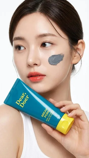 A close-up studio portrait of a young woman with fair skin holding a blue skincare tube against her left shoulder, featuring a charcoal-colored clay mask patch on her right cheek, set against a seamless white background typical of beauty advertising.