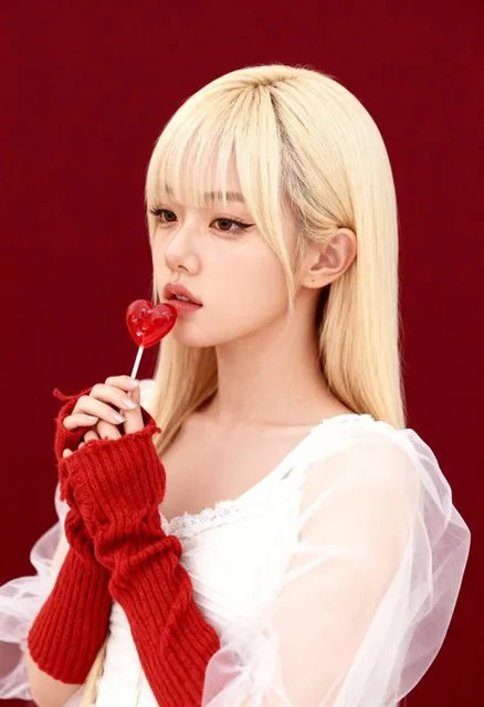A woman with a calm expression holds a glossy red heart-shaped lollipop near her lips in a minimalist studio setting with soft, diffused natural lighting and a solid dark gray background.