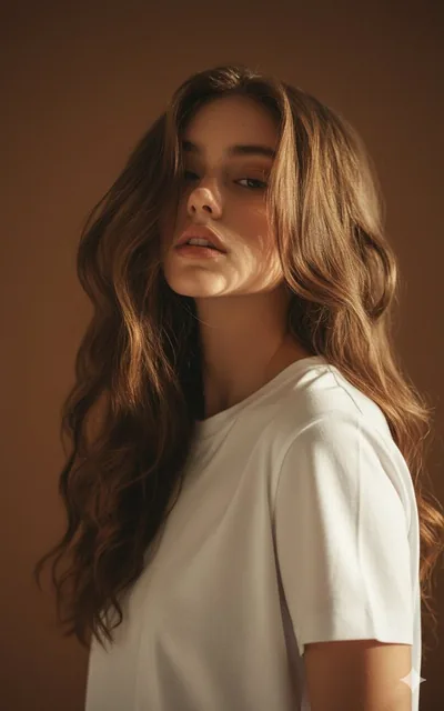 A high-resolution fashion photograph of a woman wearing a white T-shirt in a close-up shot, set against a brown background with soft natural lighting, capturing a cinematic feel and high detail, taken on Kodak Portra film.