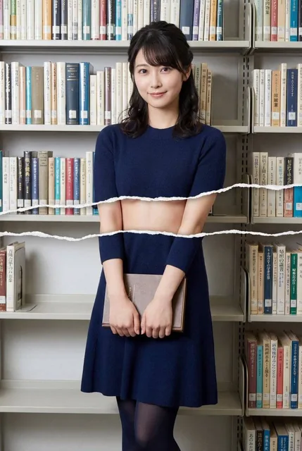 An ultra photorealistic full-body portrait of a person standing with their back to the camera, looking over the shoulder, wearing a top and bottoms rendered as printed paper torn horizontally to reveal a strip of skin, with hyperdetailed textures and natural soft studio lighting.