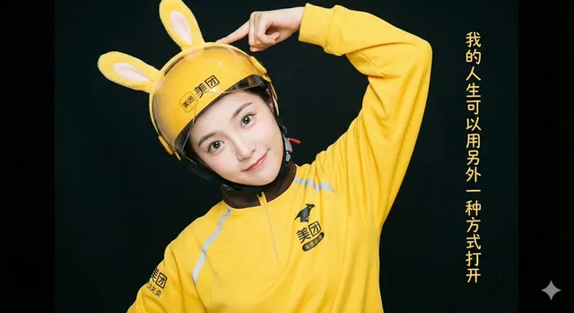 A beautiful East Asian girl with flawless porcelain skin and sparkling big eyes, playfully tilting her head and touching yellow bunny ears on her helmet. She wears a full yellow Meituan delivery uniform with logo, set in a bright studio with soft, even lighting against a dark background, and text on