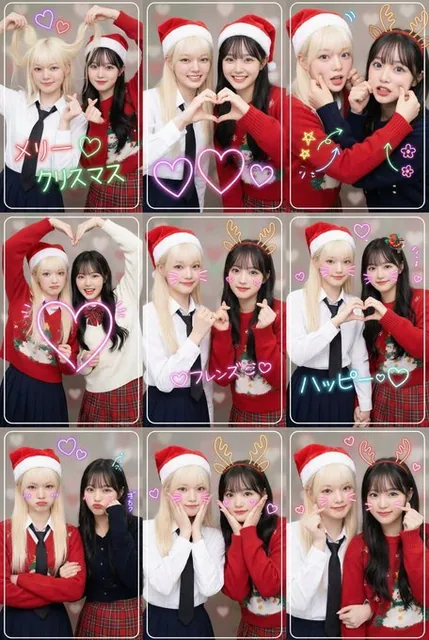 A high-detail modern Japanese purikura-style collage featuring two young female friends in matching Christmas outfits, arranged in a 3x3 grid with nine different poses, vibrant colors, shallow depth of field, and neon heart overlays.