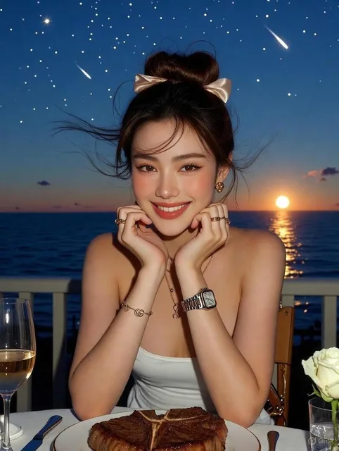 A close-up ultra-realistic portrait of a woman sitting at a white table on a luxury hotel terrace by the seaside, resting her chin on both hands with a smiling, cute, and slightly sensual expression, wearing an outfit and accessories matching the reference photo, with a deep blue evening sky, stars,