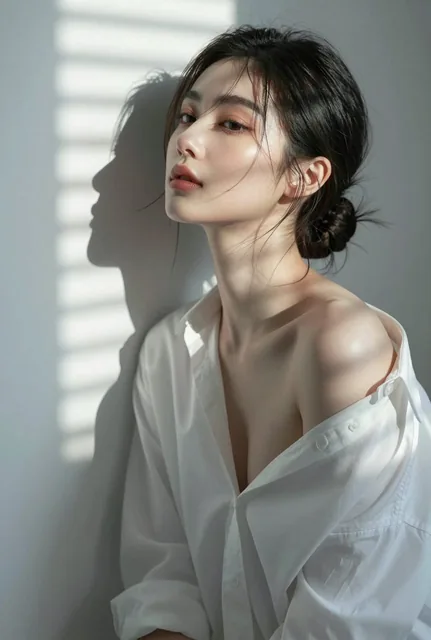 A Chinese female portrait in pure desire style, featuring a woman with a cute face, subtle makeup, and full curves, leaning against a wall with soft natural light creating dramatic shadows, emphasizing sensuality without nudity.
