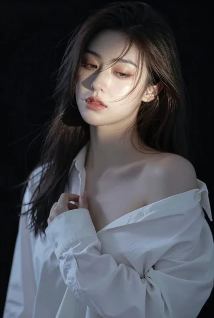 An artistic female portrait in a pure desire aesthetic style, featuring a woman in a white shirt with soft lighting, subtle emotions, and a minimalist black background, highlighting restrained beauty and inner desire.